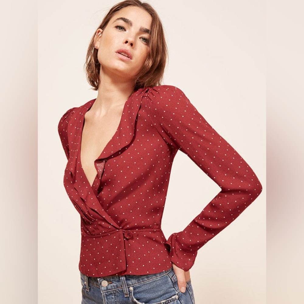 Reformation Rust Red Polka Dot Wrap Blouse